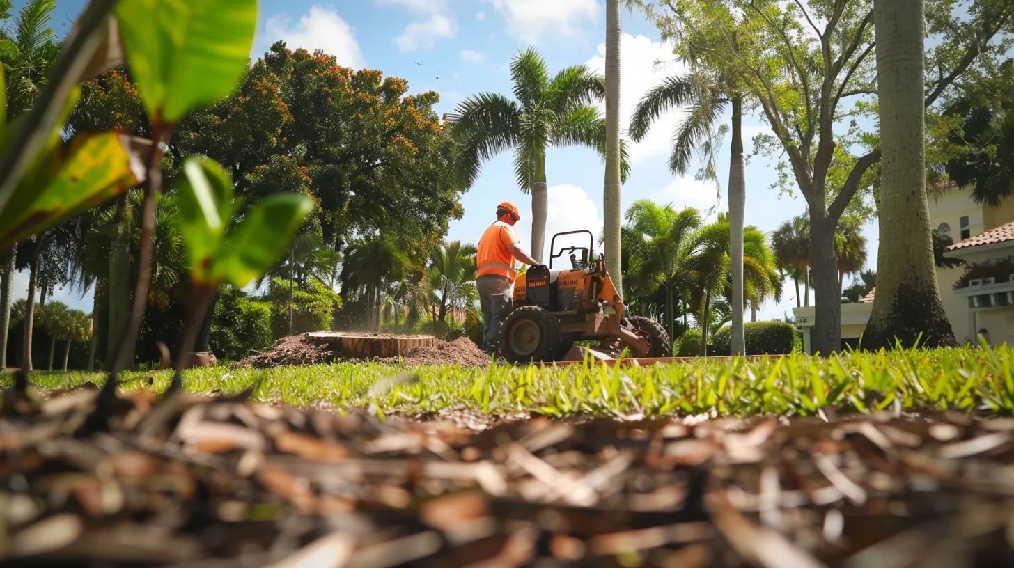 Tree care team performing stump grinding and removal in Palm Beach County, showcasing professional landscaping services